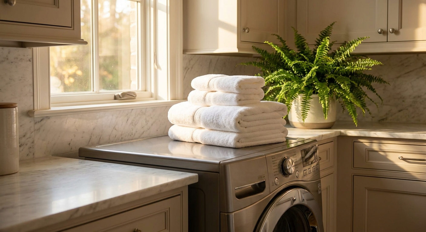 A pristine, well-ventilated luxury laundry room with sunlight streaming through a window