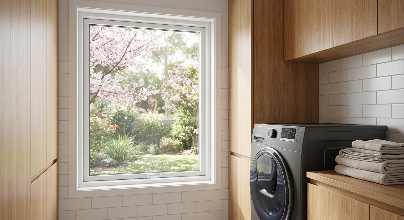 A view from inside a laundry room showing a beautiful, warm spring day outside