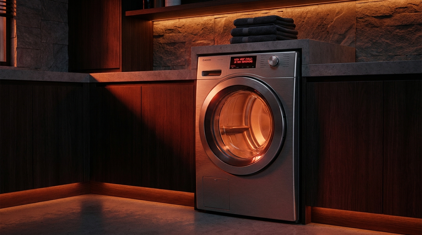 A dark, moody laundry room with subtle red ambient lighting