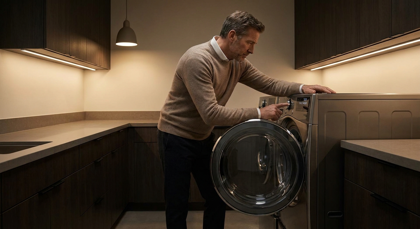 A concerned homeowner inspecting a running clothes dryer