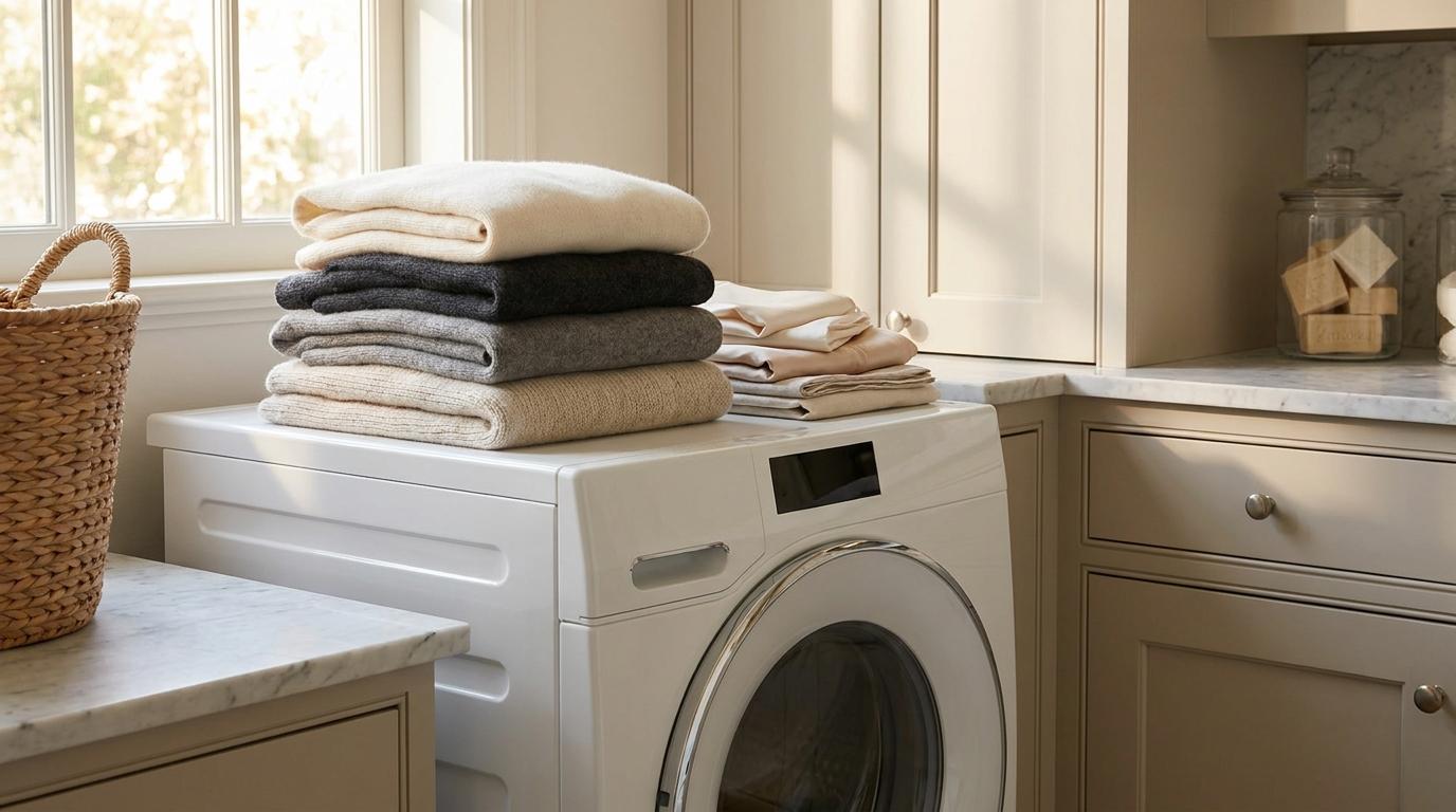 Neatly folded expensive sweaters on a dryer