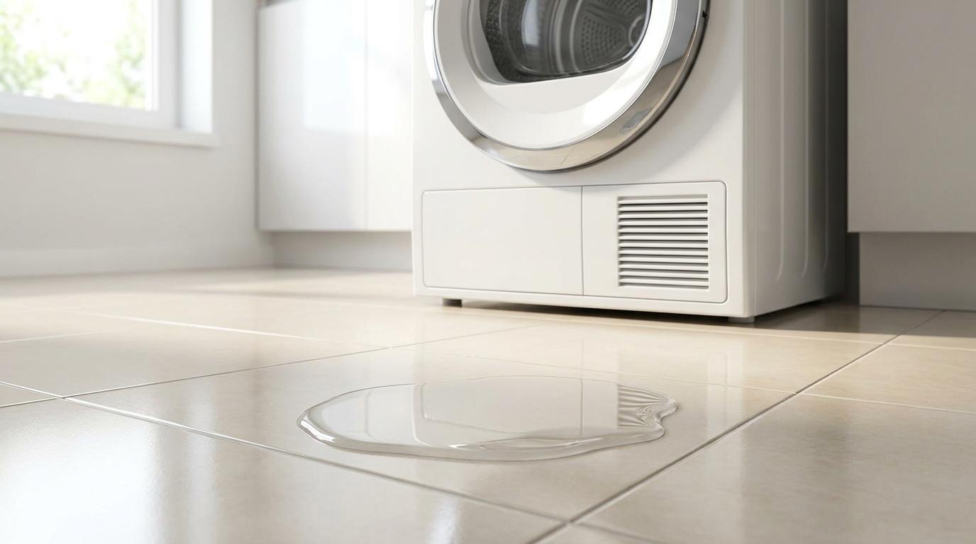 A puddle of water under a clothes dryer