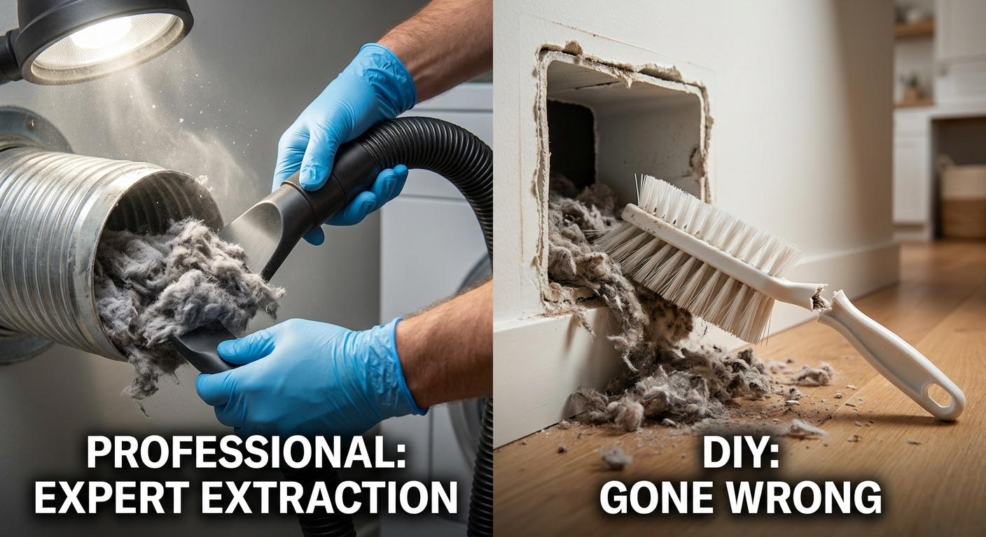 A broken plastic DIY vent brush stuck in a wall duct