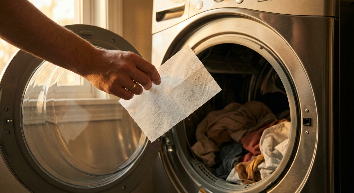 A hand holding a fabric softener dryer sheet