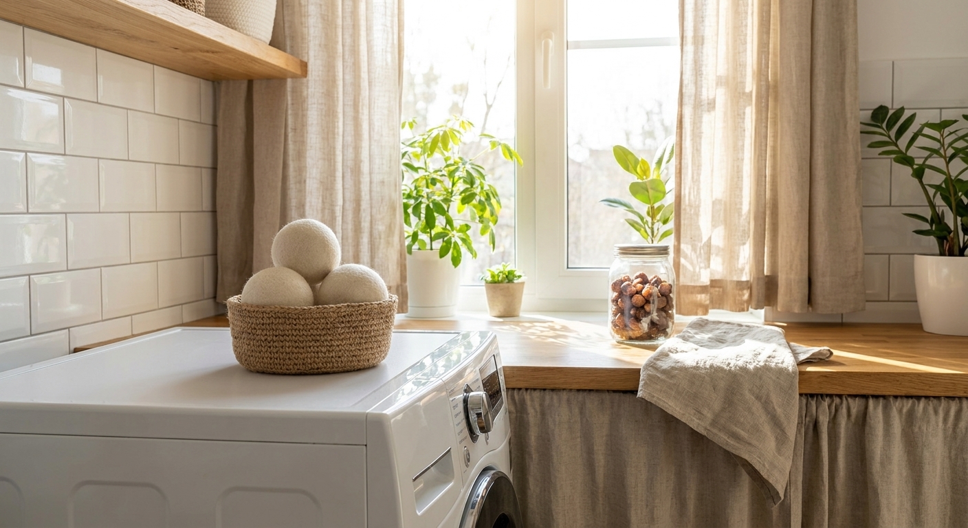 Natural wool dryer balls sitting in a laundry basket