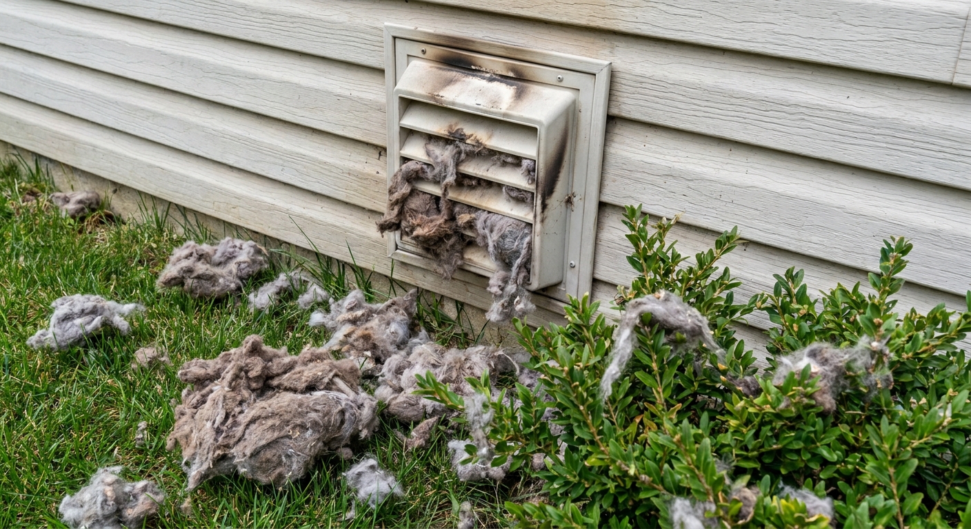 Grey dryer lint scattered on the grass and bushes below an exterior vent cover