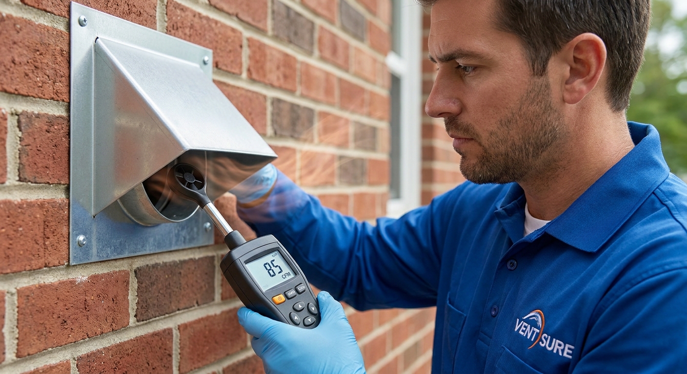 Technician checking the airflow of an exterior dryer vent