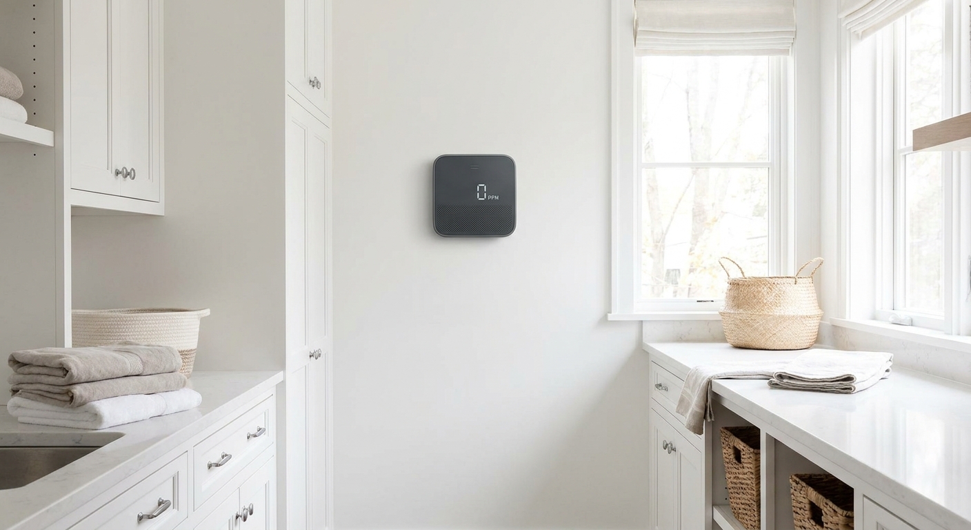 A modern digital carbon monoxide alarm mounted on a pristine white wall