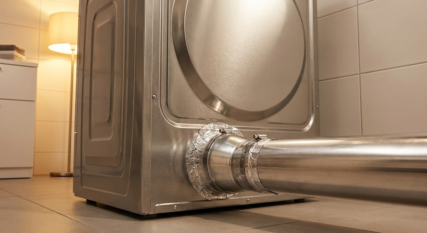 A perfectly sealed, rigid metal dryer exhaust duct connected safely to a gas dryer