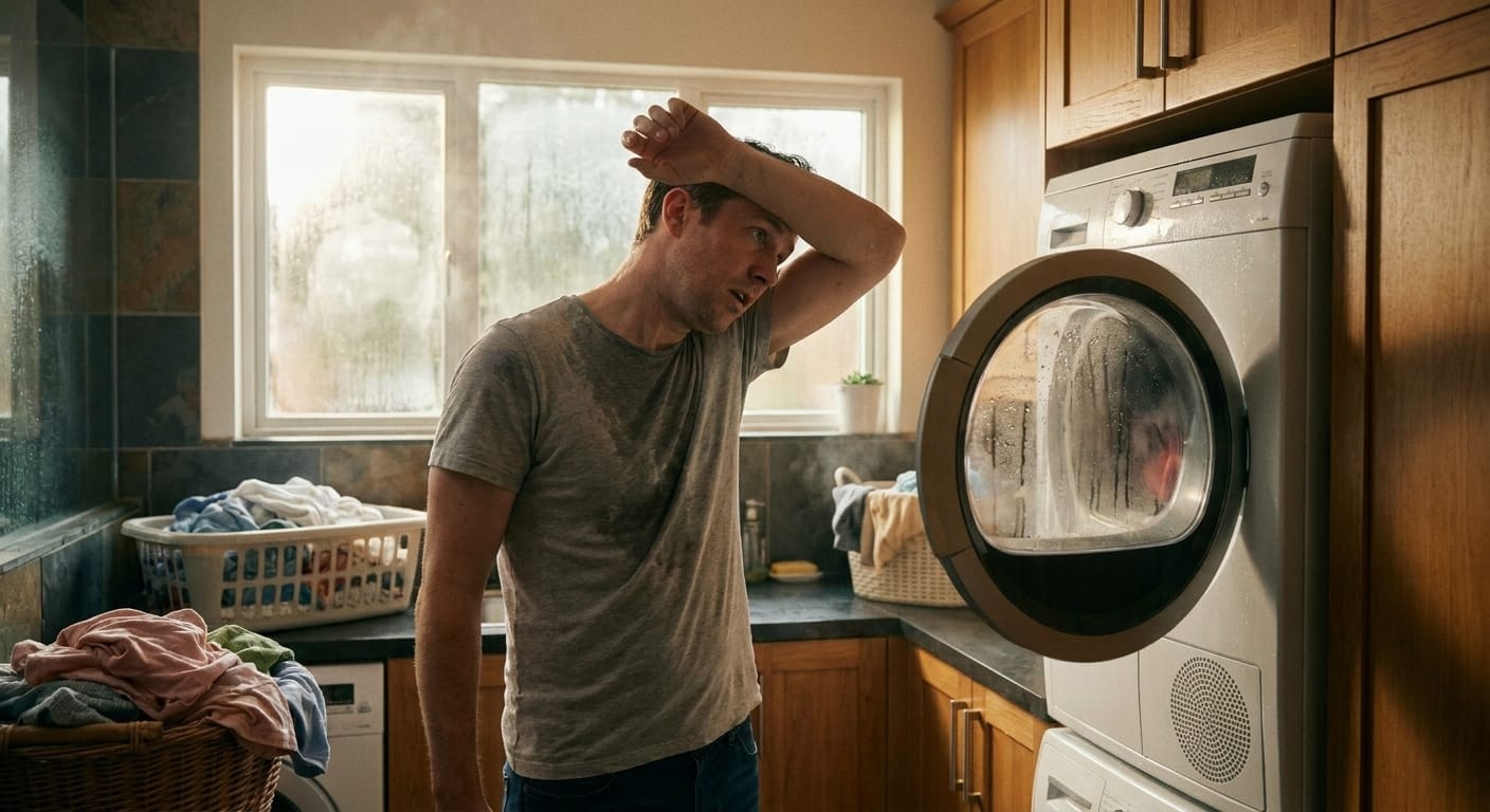 A homeowner sweating in a hot laundry room