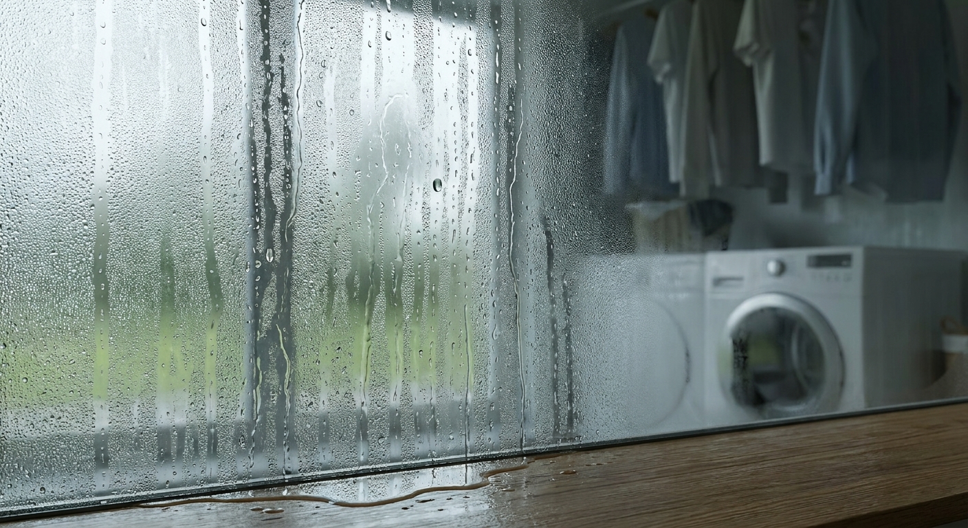 Condensation and water droplets forming on a window in a humid laundry room
