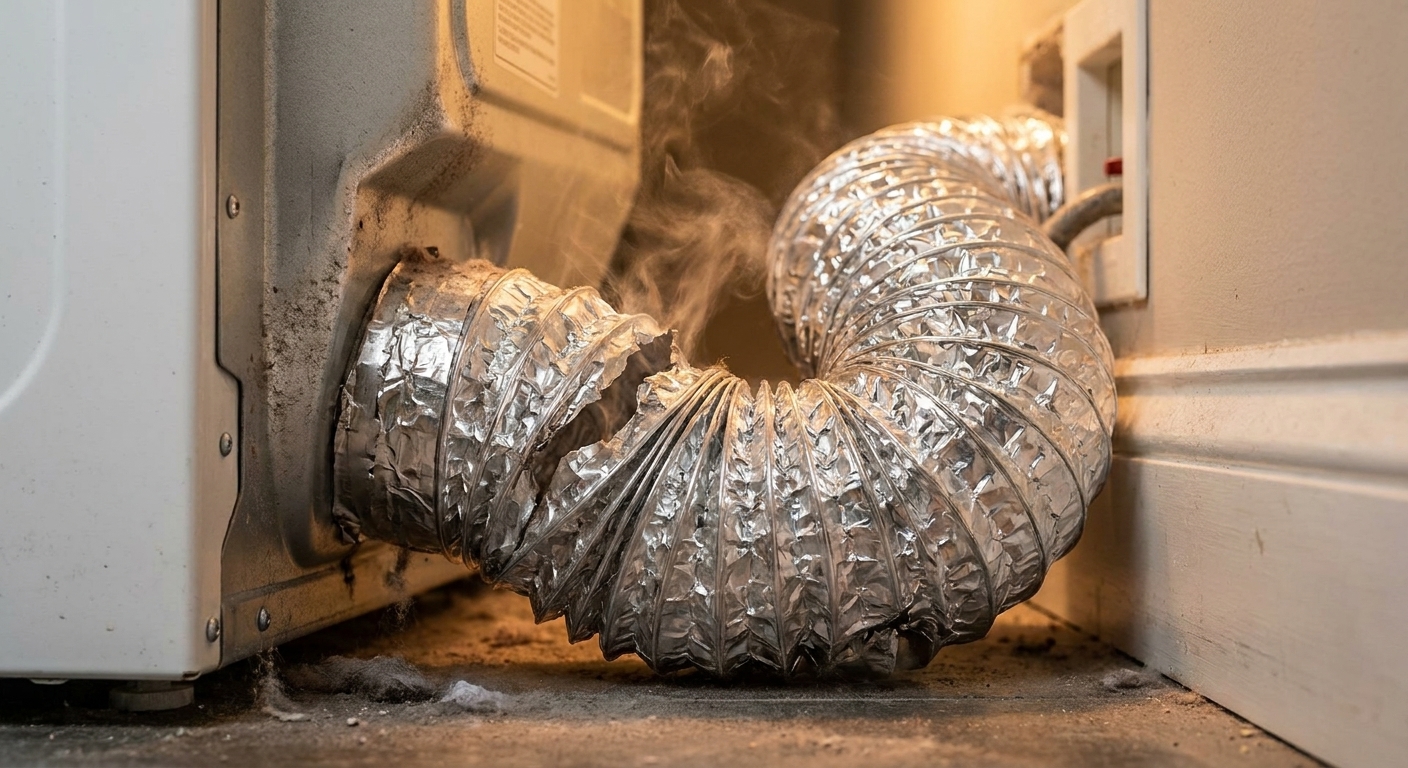 A crushed and leaking dryer vent foil hose behind a washing machine