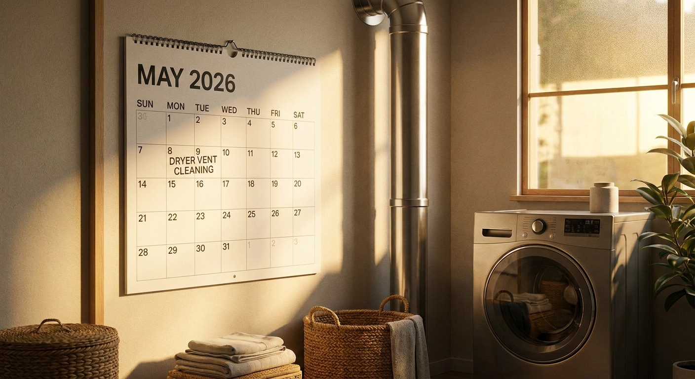 A calendar in a laundry room showing maintenance schedules
