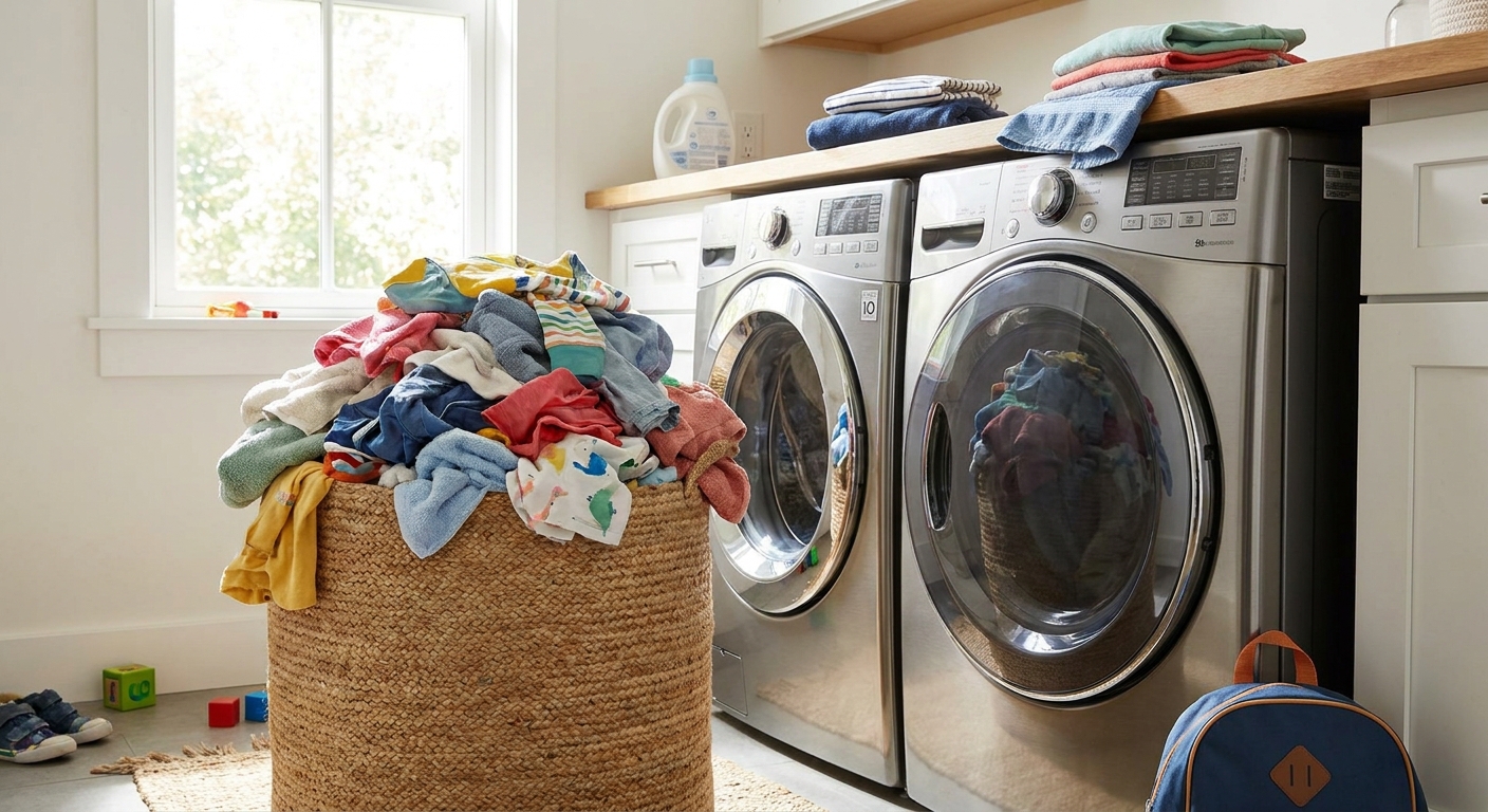 A large pile of laundry next to a modern dryer machine