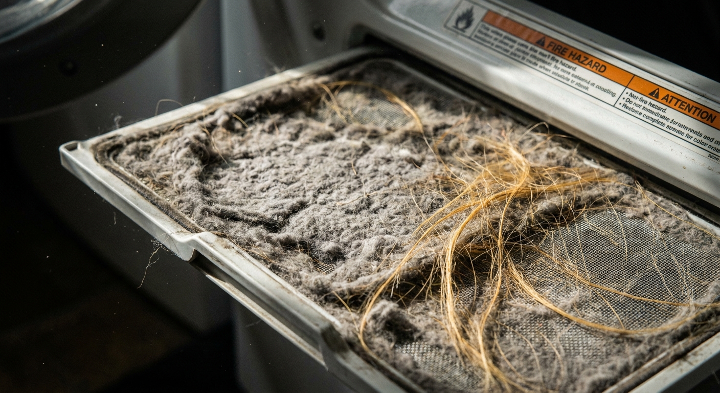 A dryer lint screen heavily clogged with lint and pet hair