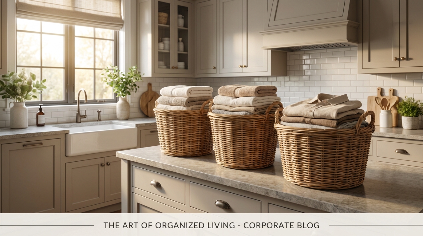 Multiple overflowing laundry baskets in a modern laundry room