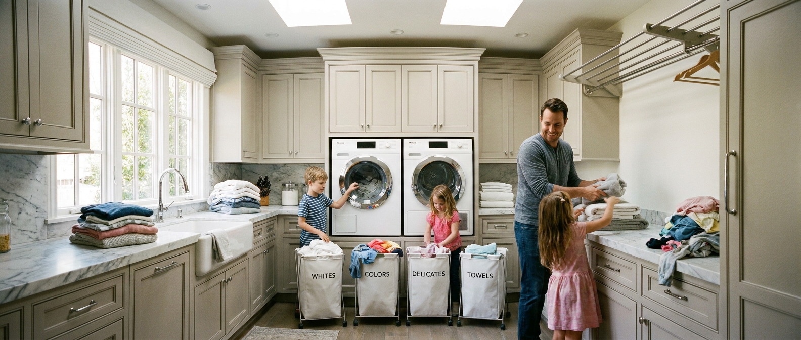 A busy but organized home laundry room with sorted laundry hampers and a modern dryer set