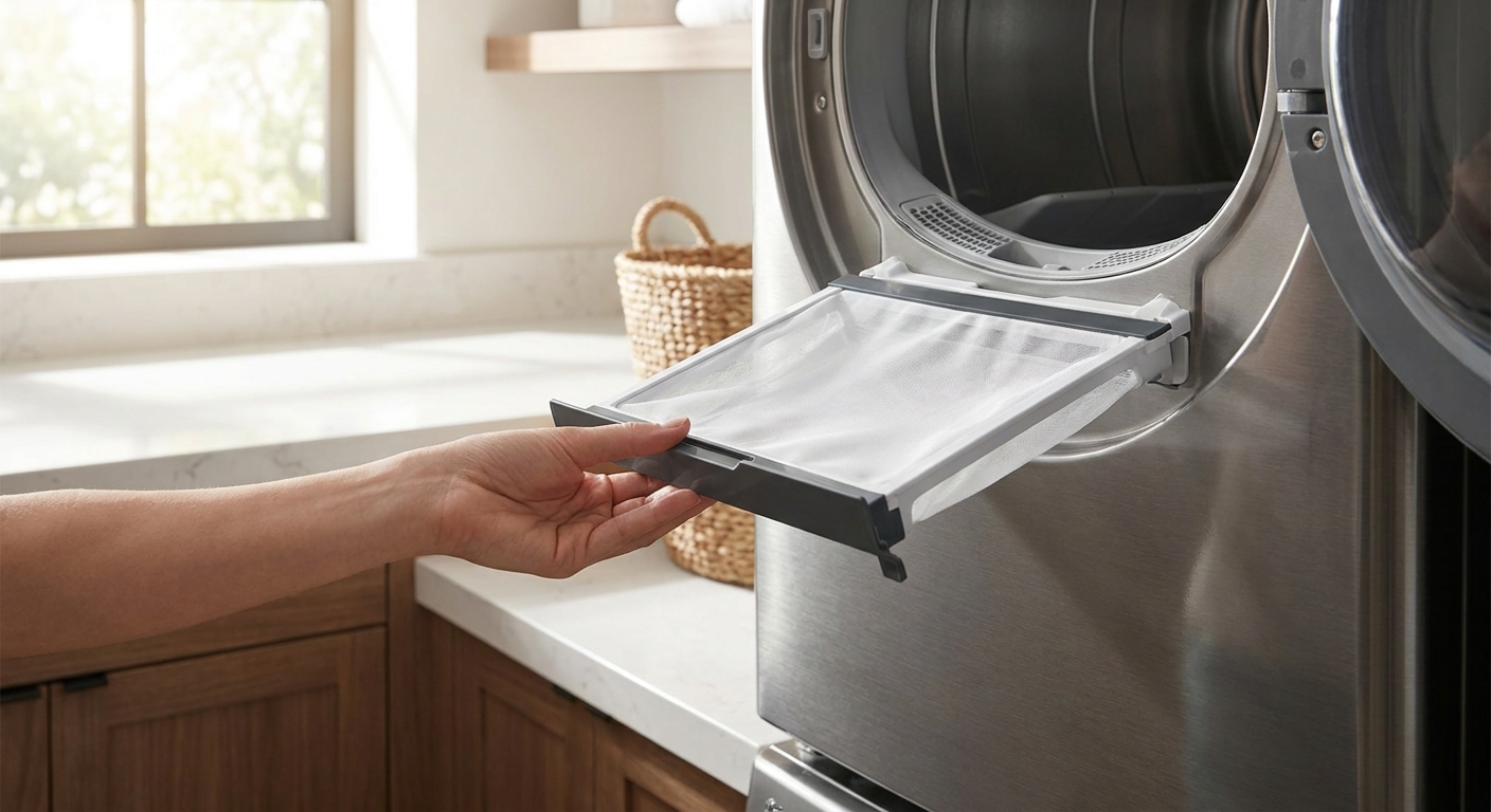 A professional deep cleaning behind a modern clothes dryer