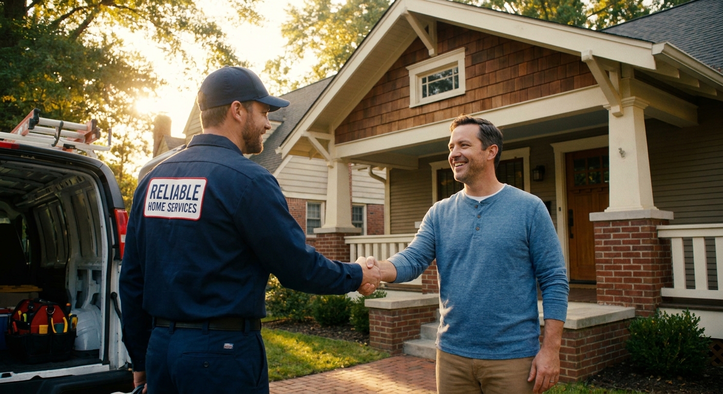 Friendly local service technician shaking hands with a homeowner