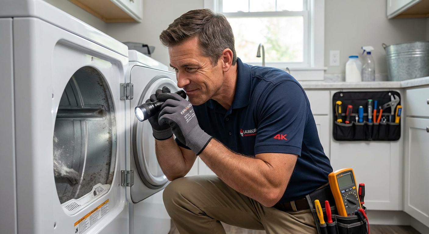 A focused local technician inspecting a residential dryer vent