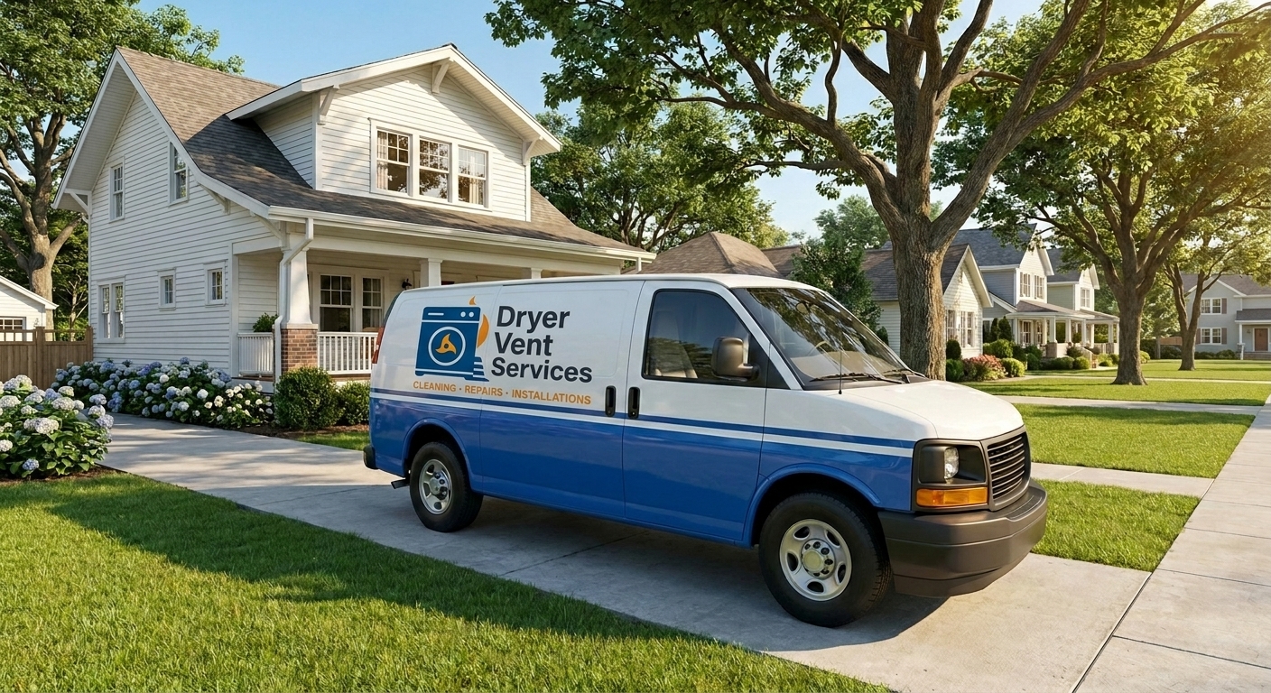 A clean local service van parked in a beautiful neighborhood driveway
