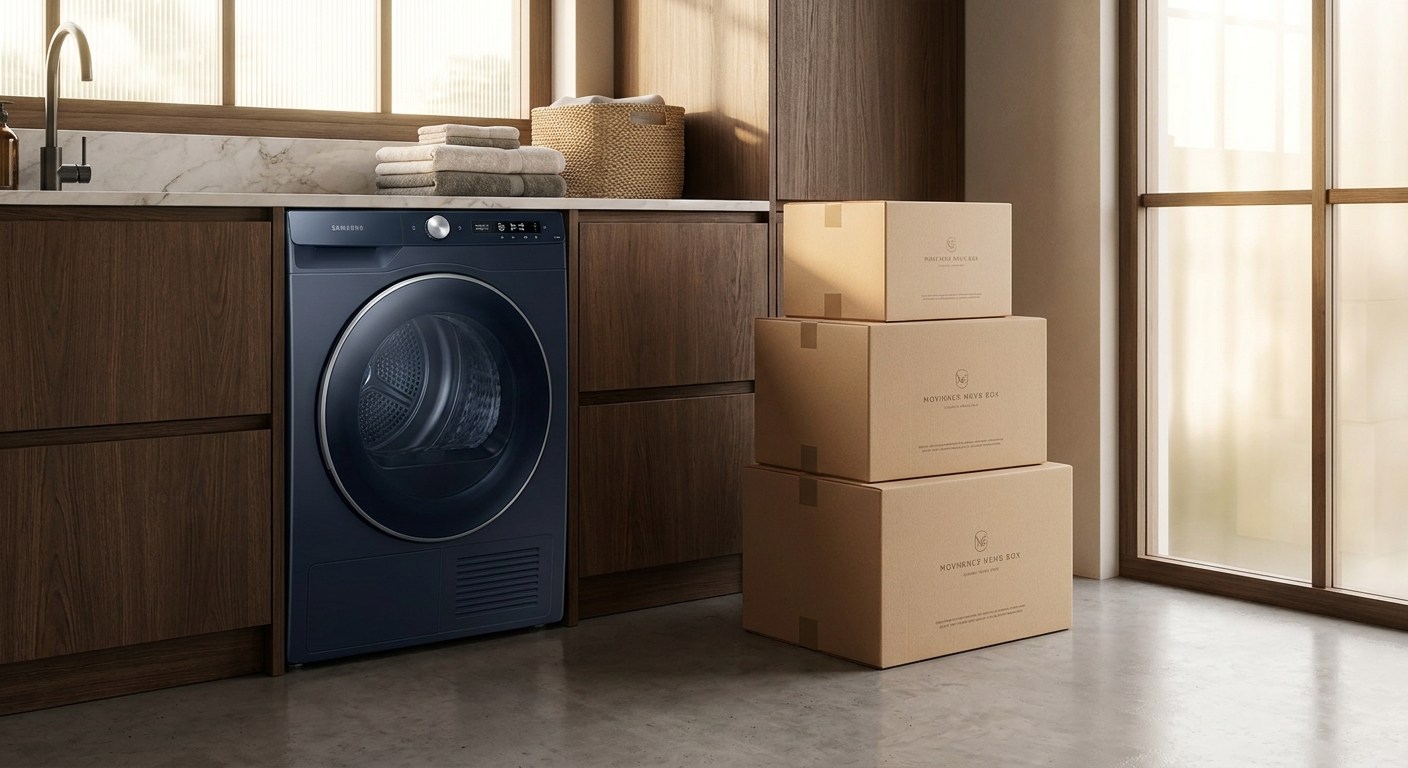 Moving boxes and a clean laundry room