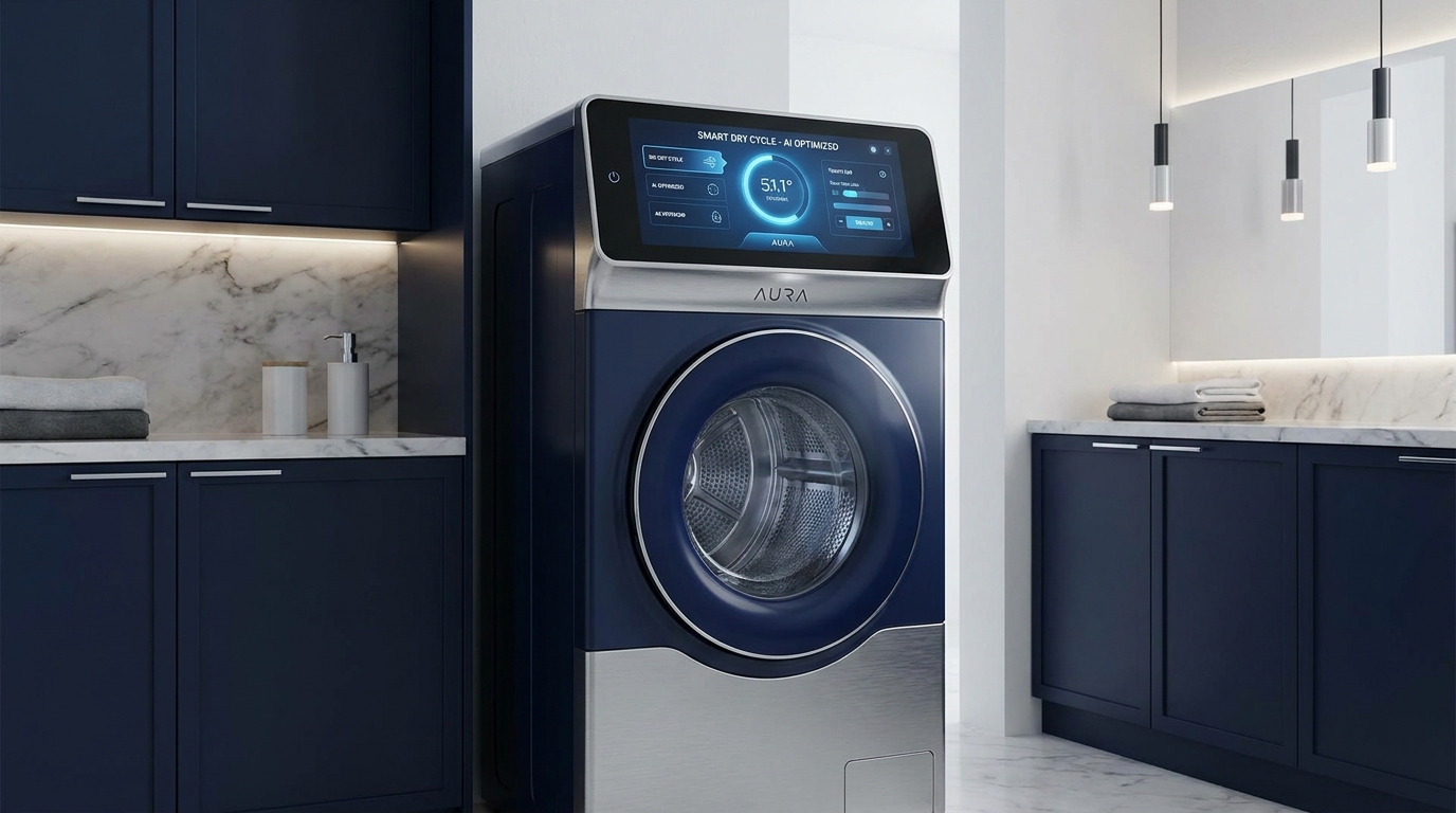 A glowing digital display on a new smart dryer