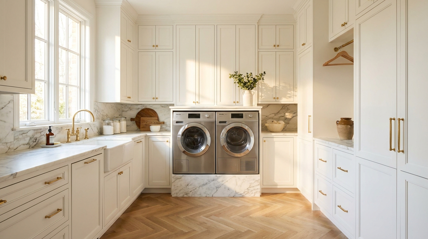 A newly renovated, luxurious home laundry room with a brand new smart dryer