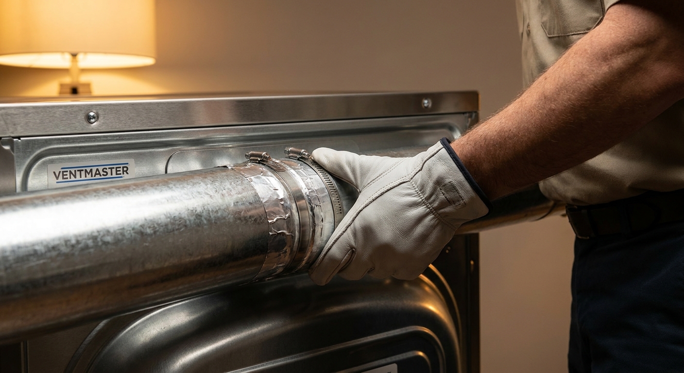 A professional technician securely connecting a rigid metal exhaust duct to a new dryer