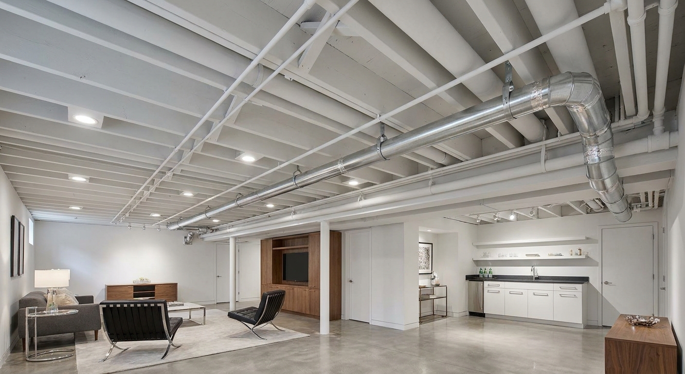 A professional rigid metal dryer duct running along a basement ceiling
