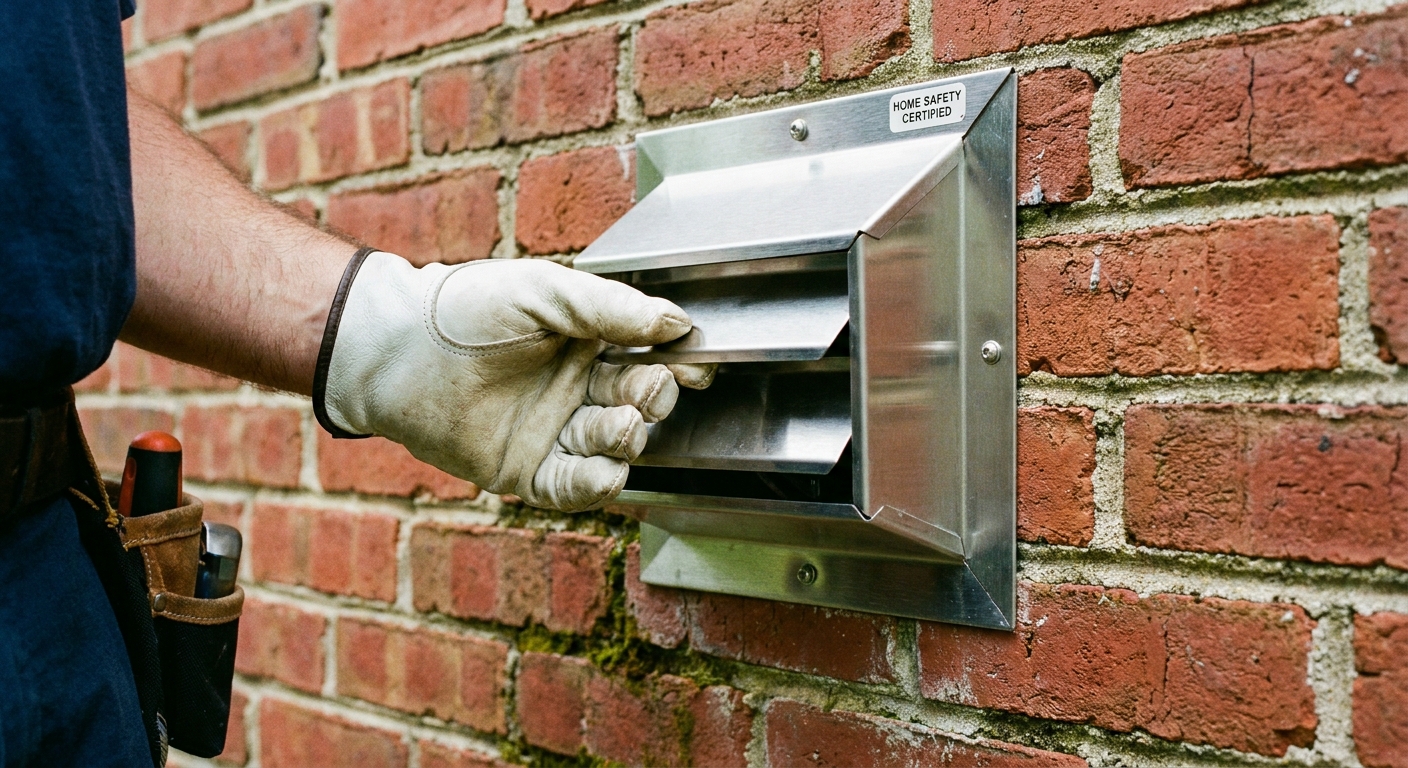 A professional inspecting a spotless exterior dryer vent cap