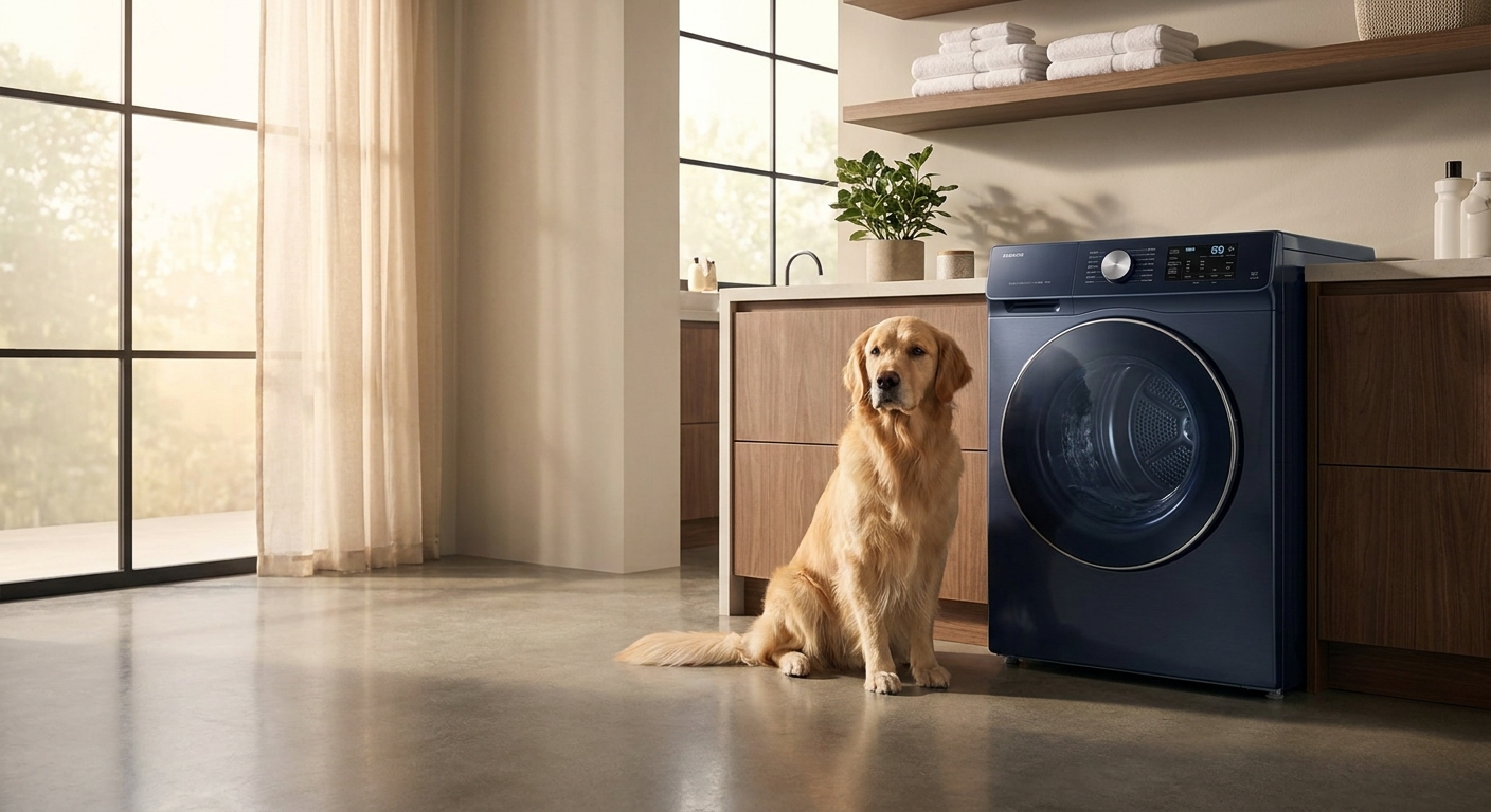 A beautiful Golden Retriever sitting in a high-end laundry room