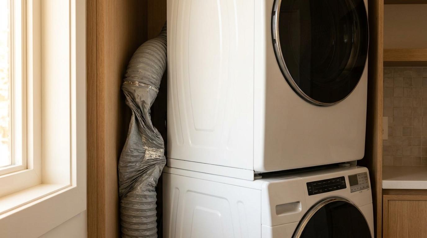 A crushed hose behind a stacked washer and dryer