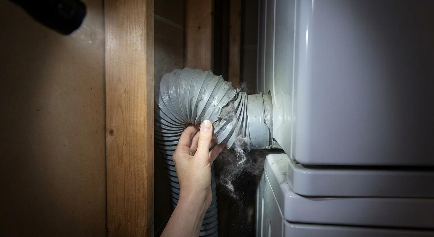 A crushed transition hose behind a stacked washer and dryer