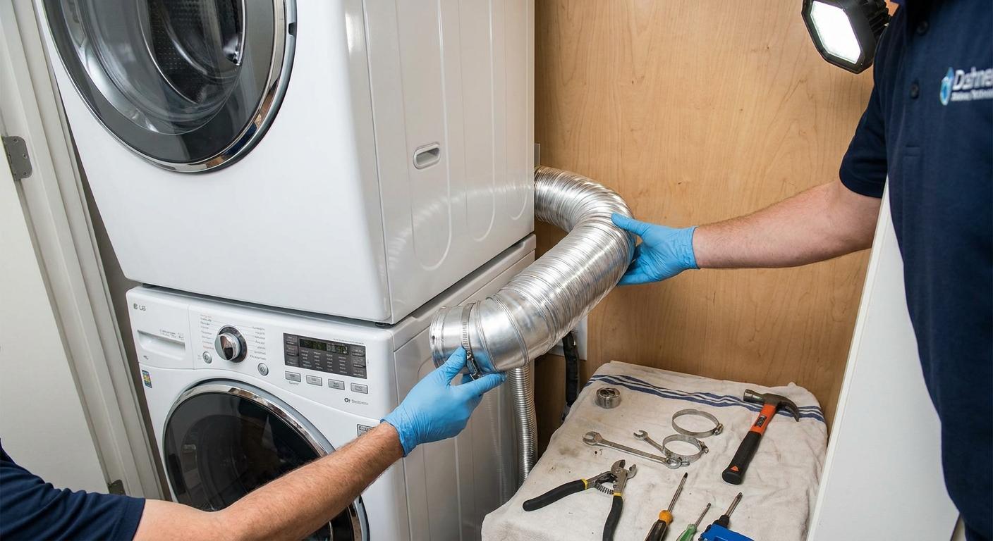 A technician installing a rigid metal dryer vent in a tight closet space