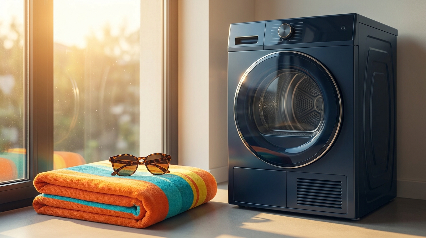 Summer essentials resting on a dryer