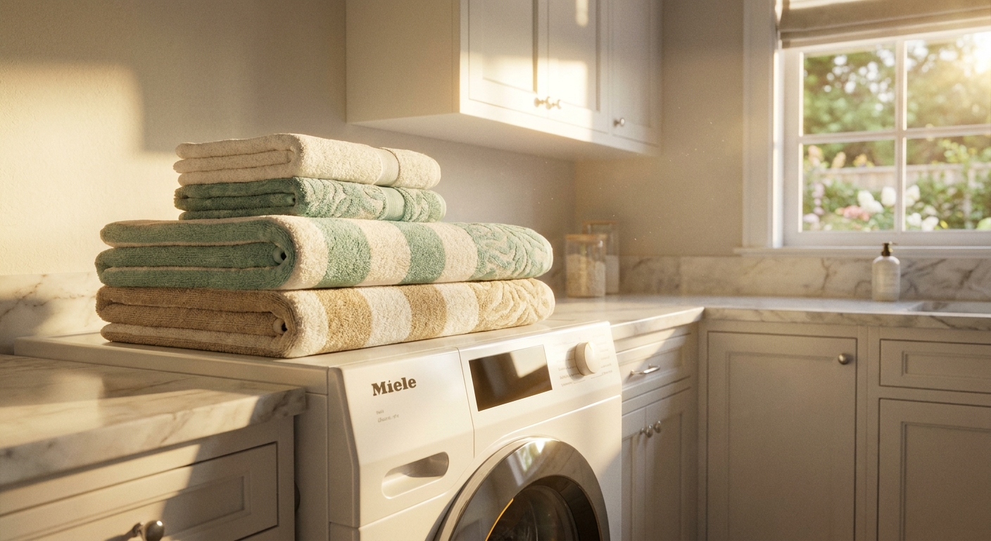 A bright, sunlit laundry room with a modern white dryer and folded summer towels