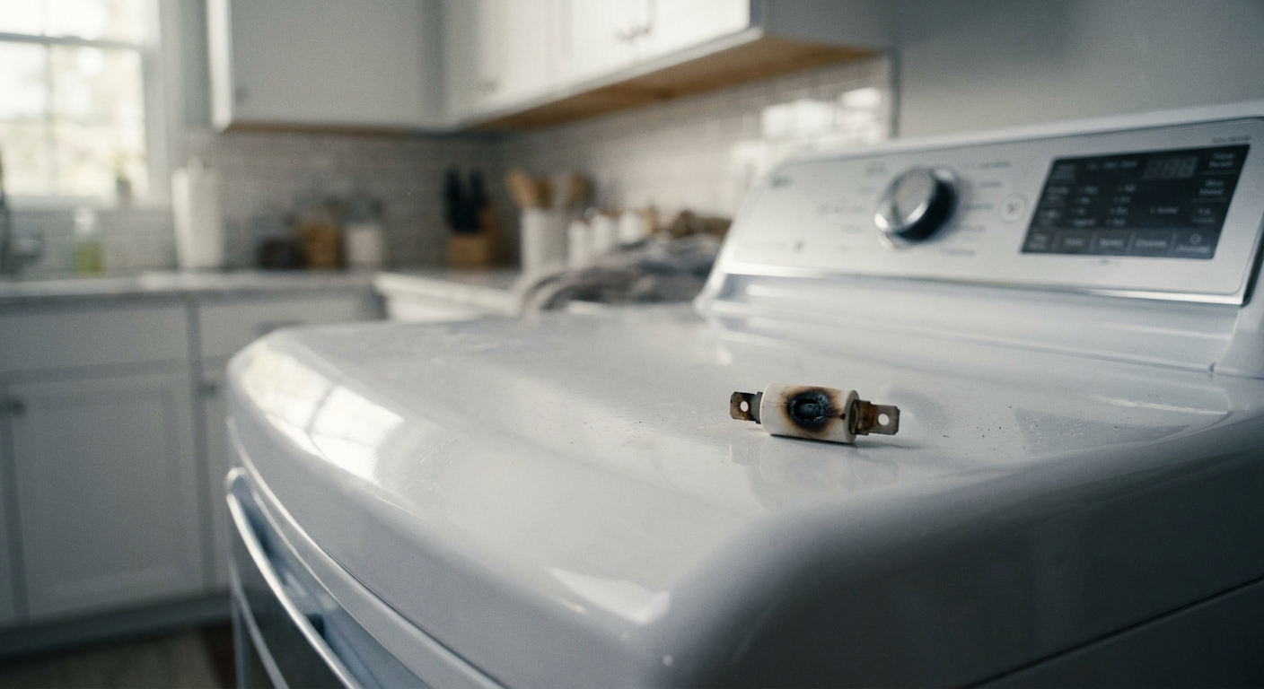 A blown thermal fuse from a clothes dryer