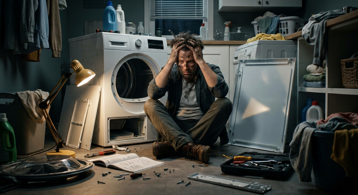 A frustrated homeowner sitting next to a broken, disassembled clothes dryer