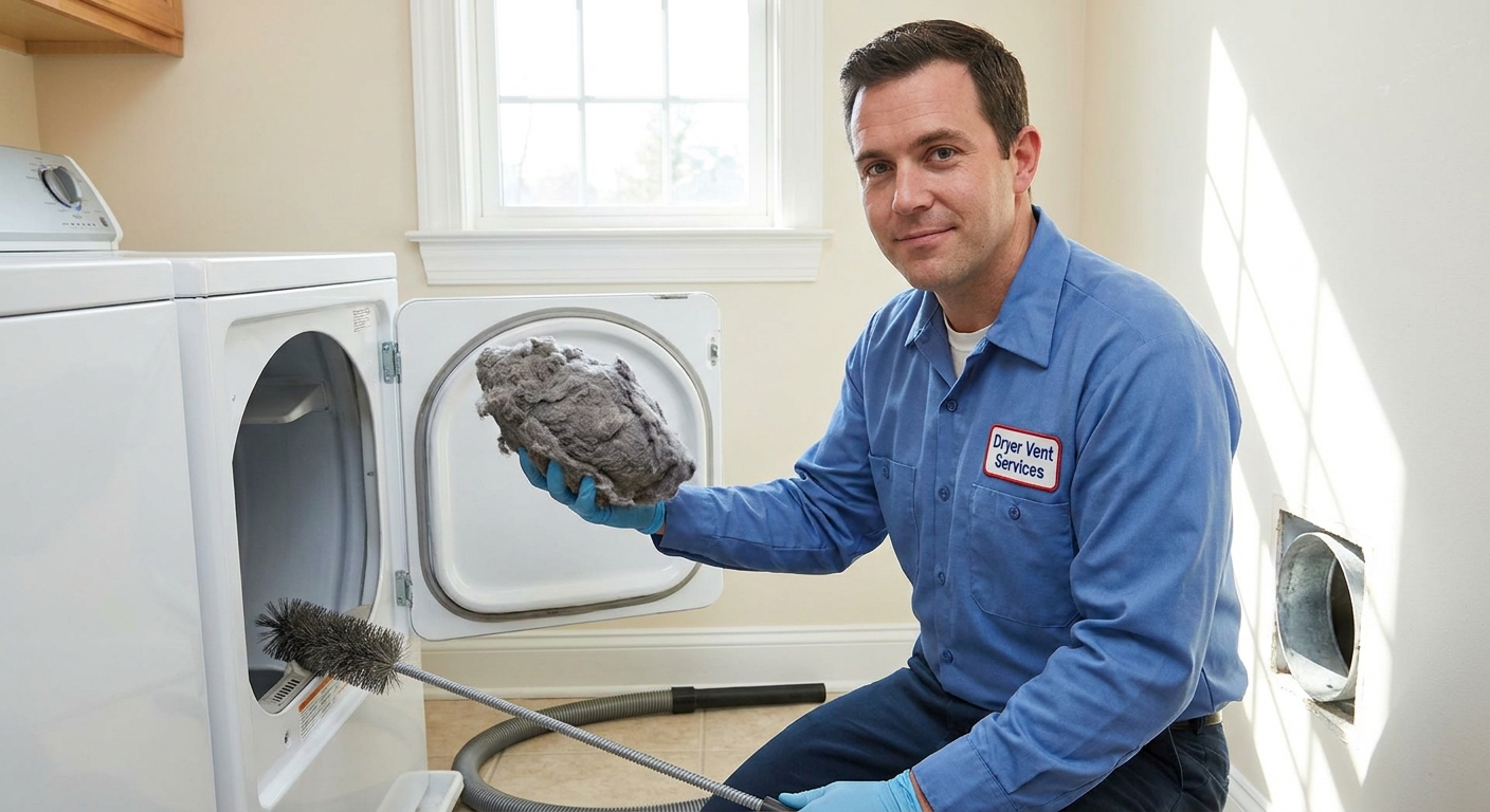 Technician pulling a massive clog of dryer lint out of a wall duct