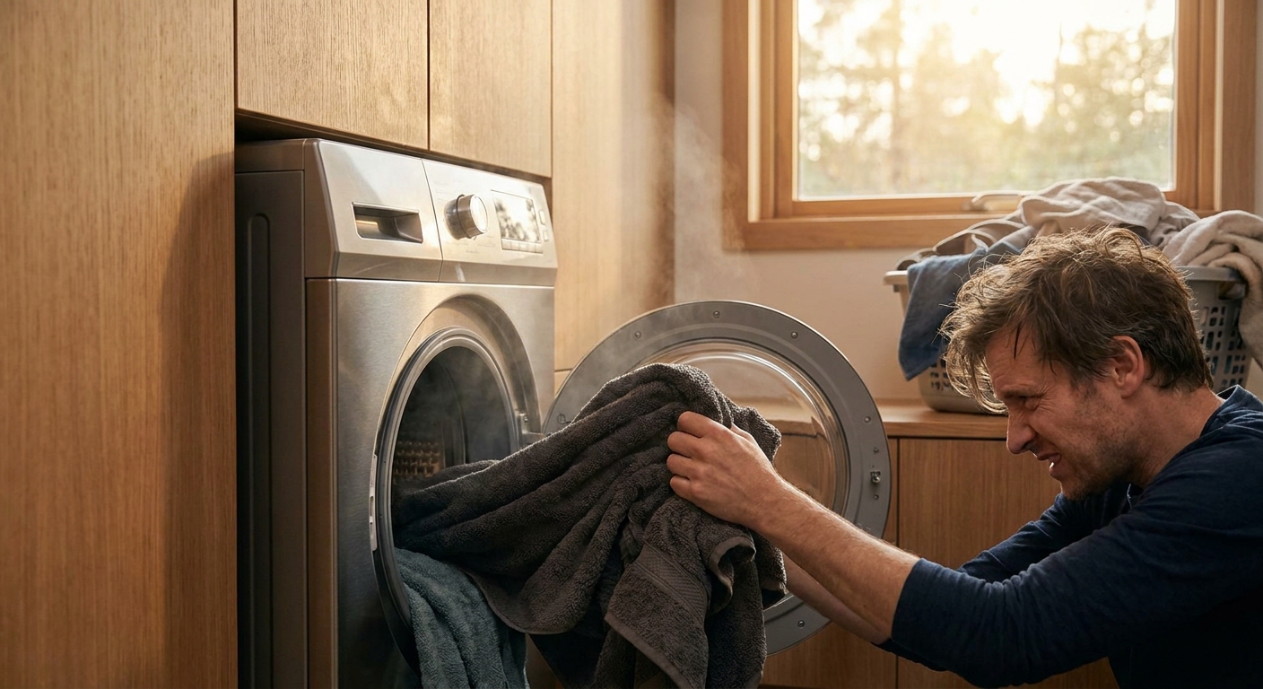 A homeowner pulling damp heavy towels out of a dryer