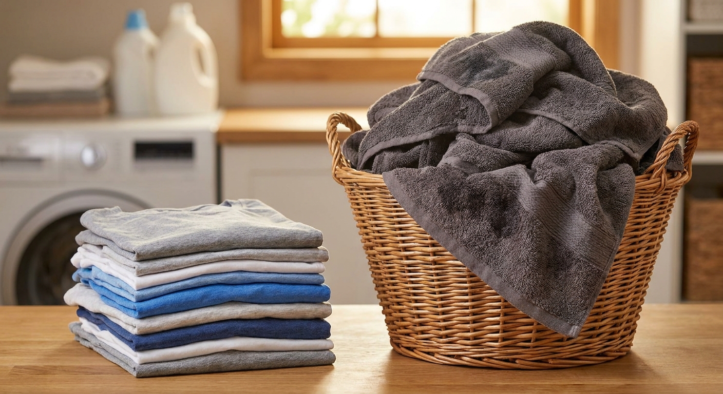 A pile of dry t-shirts next to a pile of heavy damp bath towels