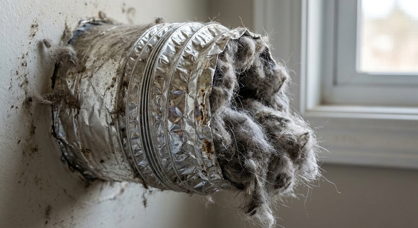 A clogged dryer vent hose showing a partial blockage restricting airflow