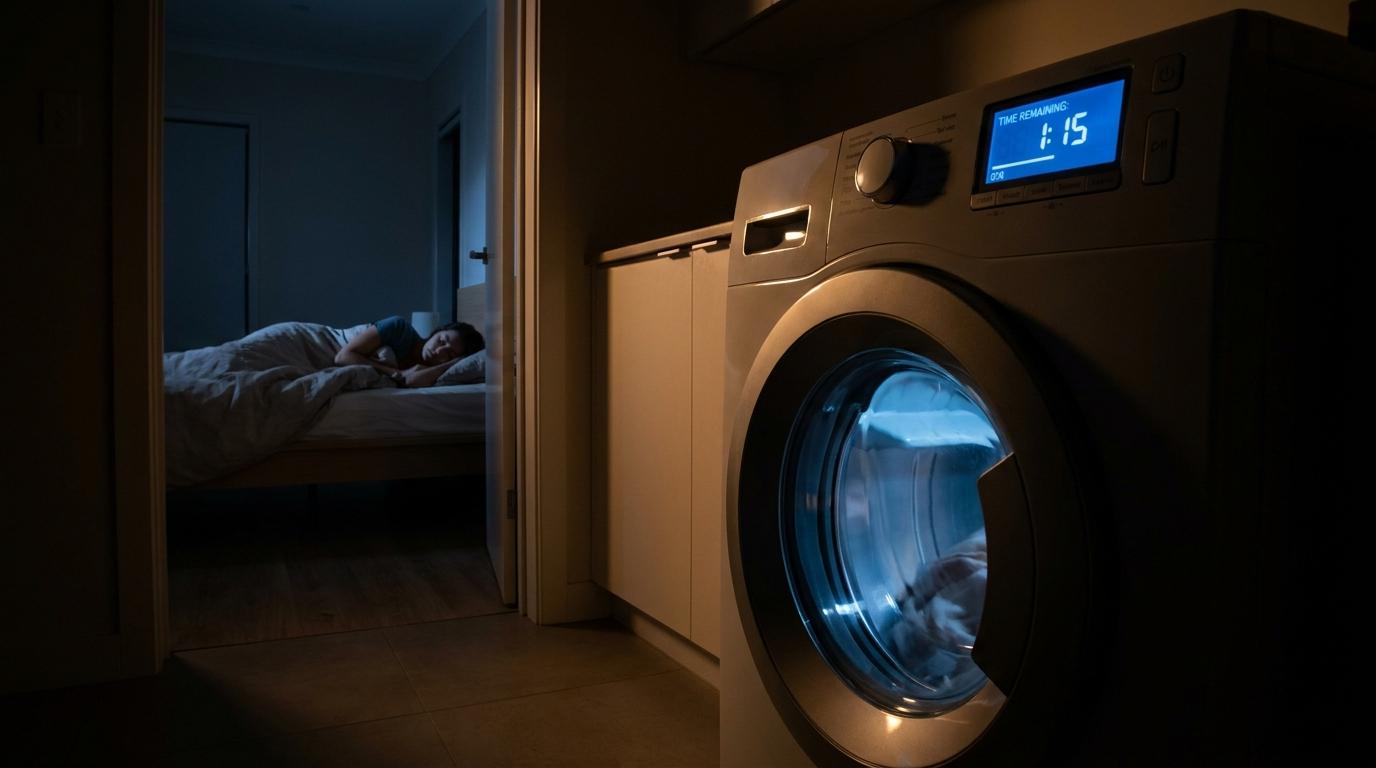 A running clothes dryer in a dark room at night