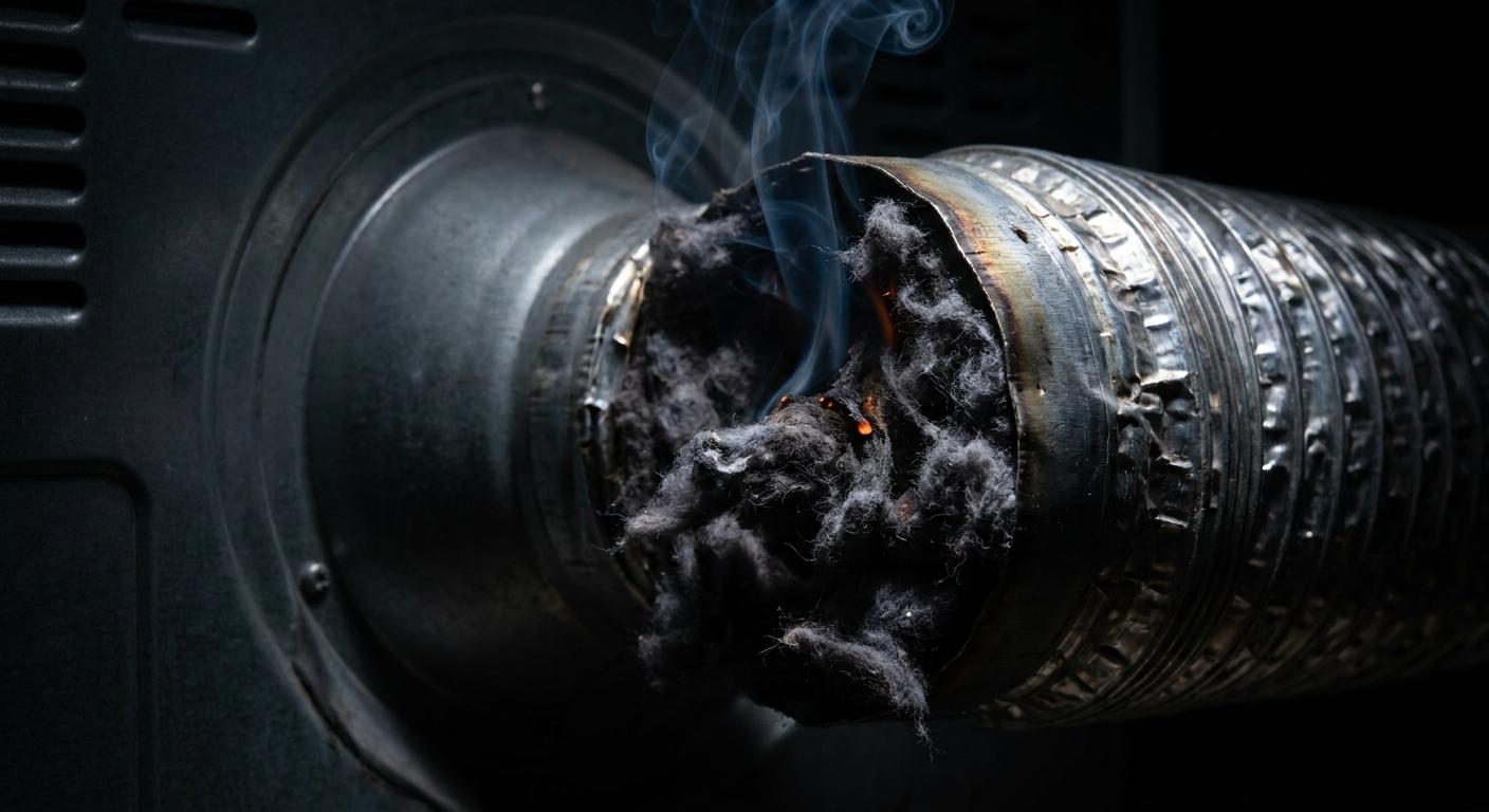 Smoldering lint buildup at the back of a clothes dryer