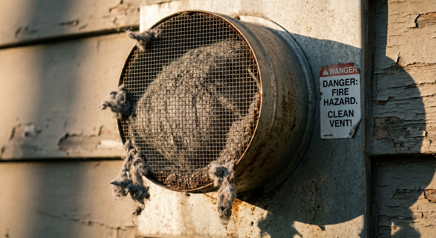 A highly clogged dryer vent cover with a dangerous fine mesh screen blocked by lint