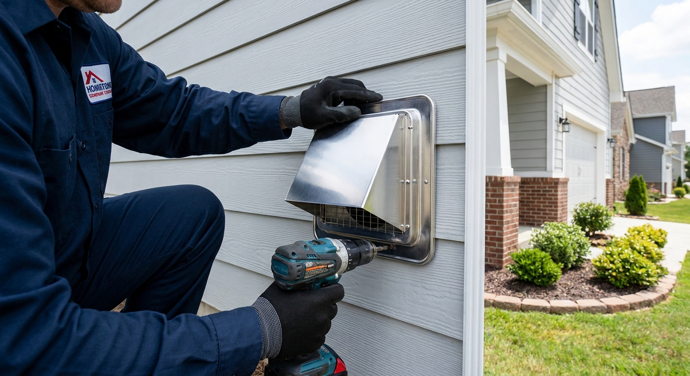 A technician professionally installing a new, safe dryer vent cover on the outside of a house