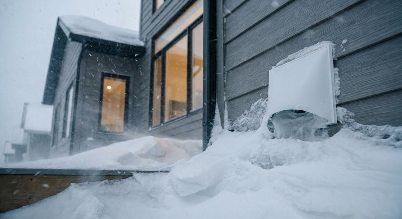 Dryer vent partially blocked by winter snow