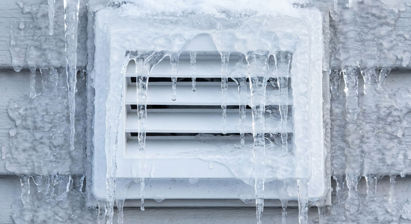 A dryer vent cover completely frozen shut with thick icicles