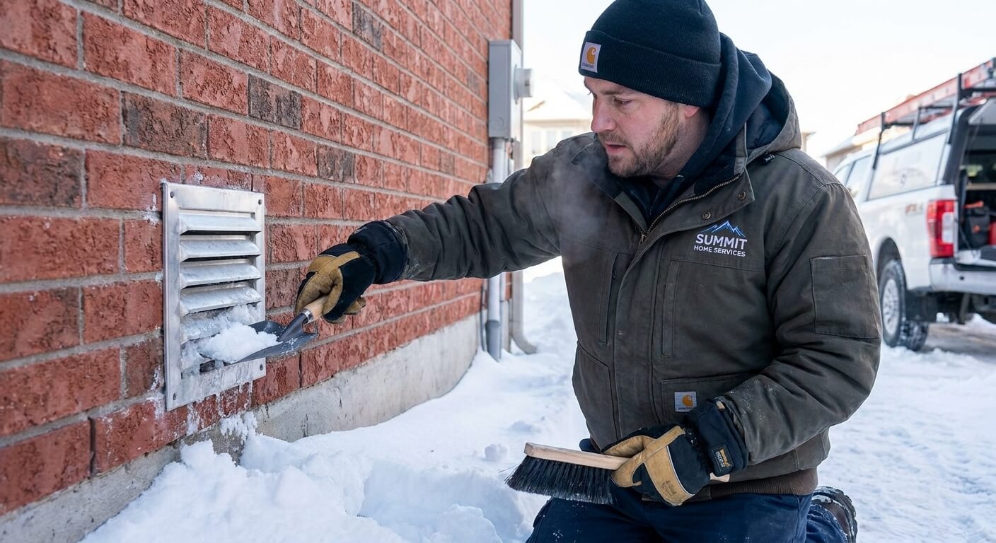 Technician clearing snow away from a residential exterior dryer vent